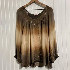 Scandal Italy Silk Blend Top Blouse Brown Ombre Sequin Boho Fairycore Lagenlook